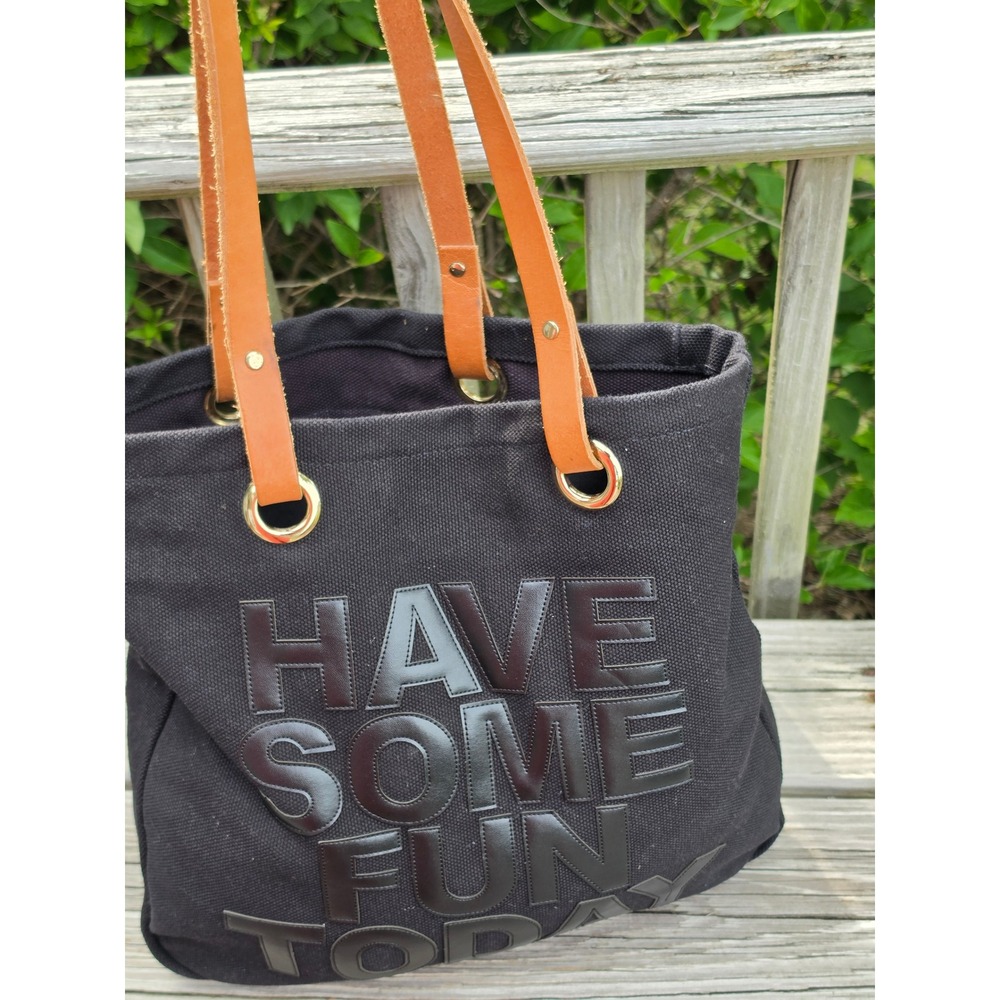 HSFT Have Some Fun Today Black Canvas Tote Bag Leather Straps BLT1118